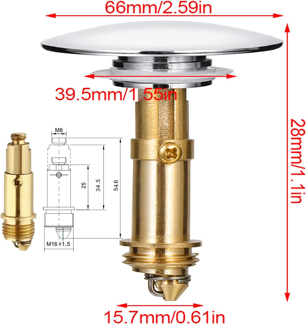 Pop-Up Click Clack Plug,66 mm Bathroom Basin Sink Button Drain,Suitable for Kitchen Bathroom Washbasin, Solid Brass Chrome Platedplug