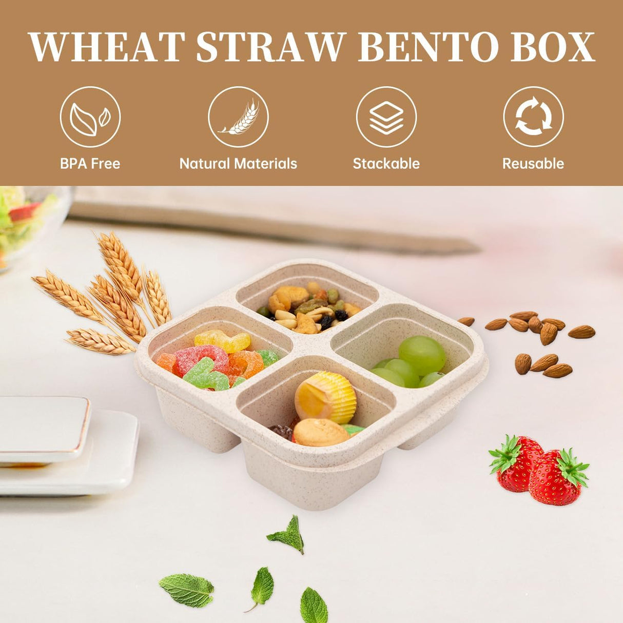 5 Pack Bento Lunch Box,4 Compartment Snack Containers,Divided Bento Snack Box,Meal Prep Lunch Containers, Lunch Box Kids/Toddle/Adults,Food Storage Containers for School, Work and Travel (5 pack)