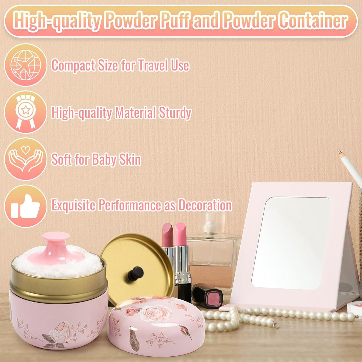 Dusting Boby Powder Puffs and Container for Women Baby, 3.15in Portable Soft Dusting Powder Container with Puff for Home Travel (Pink)