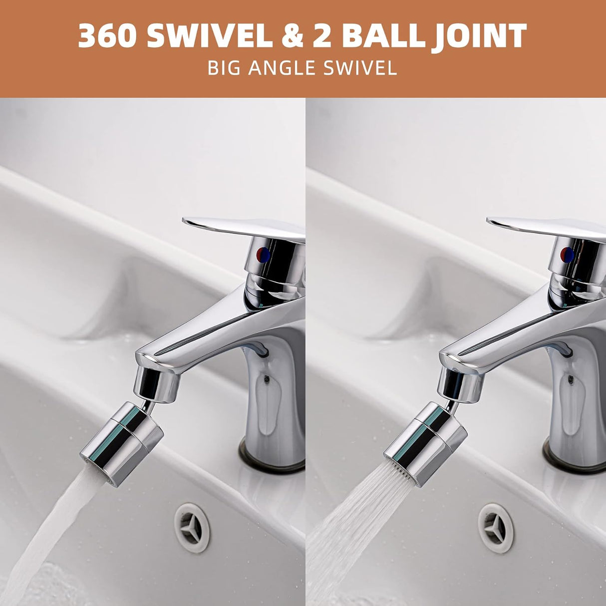 Kitchen Sink Faucet Aerator Solid Brass - Big Angle Swivel Faucet Aerator Dual-Function 2 Sprayer Kitchen Faucet Attachment Swivel Sprayer- 360-Degree Swivel - Polished Chrome/ 1.8GPM