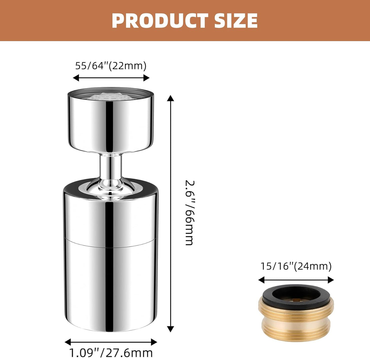 Kitchen Sink Faucet Aerator Solid Brass - Big Angle Swivel Faucet Aerator Dual-Function 2 Sprayer Kitchen Faucet Attachment Swivel Sprayer- 360-Degree Swivel - Polished Chrome/ 1.8GPM