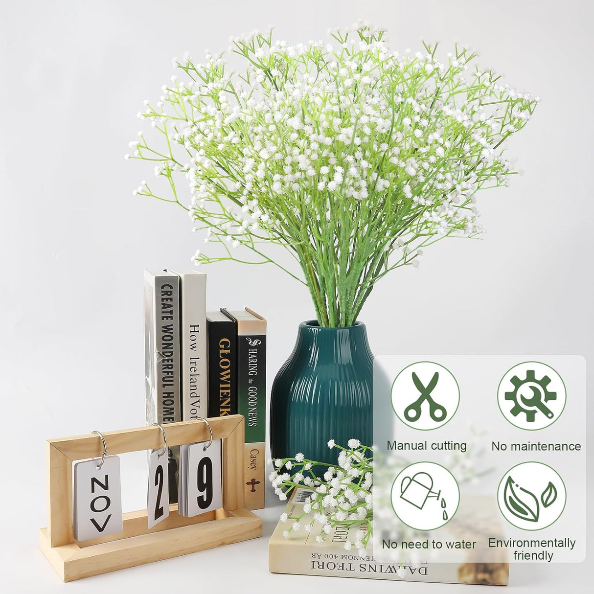 10Pcs Artificial Baby Breath Flowers White with Long Stem, Real Touch Silk Gypsophila Bouquets Bulk for Wedding, DIY Floral Arrangements, Home & Office Decor, Party Centerpieces, White