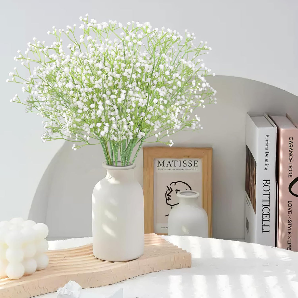 10Pcs Artificial Baby Breath Flowers White with Long Stem, Real Touch Silk Gypsophila Bouquets Bulk for Wedding, DIY Floral Arrangements, Home & Office Decor, Party Centerpieces, White