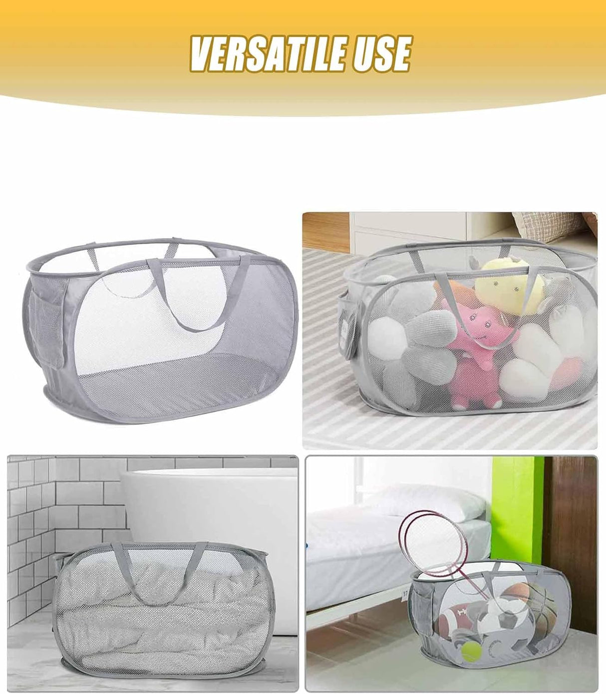 Mesh Collapsible Laundry Basket with Pockets and Reinforced Carry Handles, Foldable Dirty Clothes Pop up Laundry Hamper for Dorm Bathroom Bedroom Travel Dorm Camping (1, Grey)