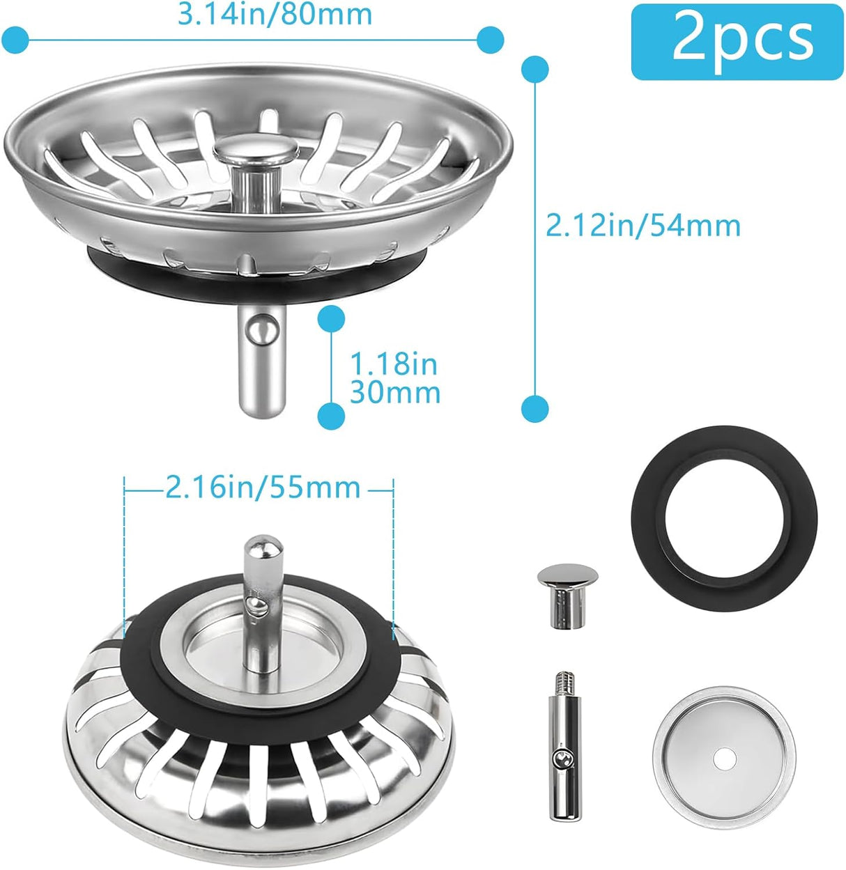 2 Pack Kitchen Sink Strainer, Stainless Steel Sink Drain Stopper, 3.15 Inch/8cm Sink Plug