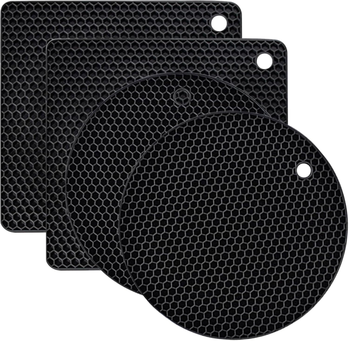 4 Pack Silicone Trivet Mats, Heat Resistant Pot Holders Non-Slip Hot Pads for Kitchen, Silicone Trivets for hot pots 2 Square and 2 Round Mats (Black)
