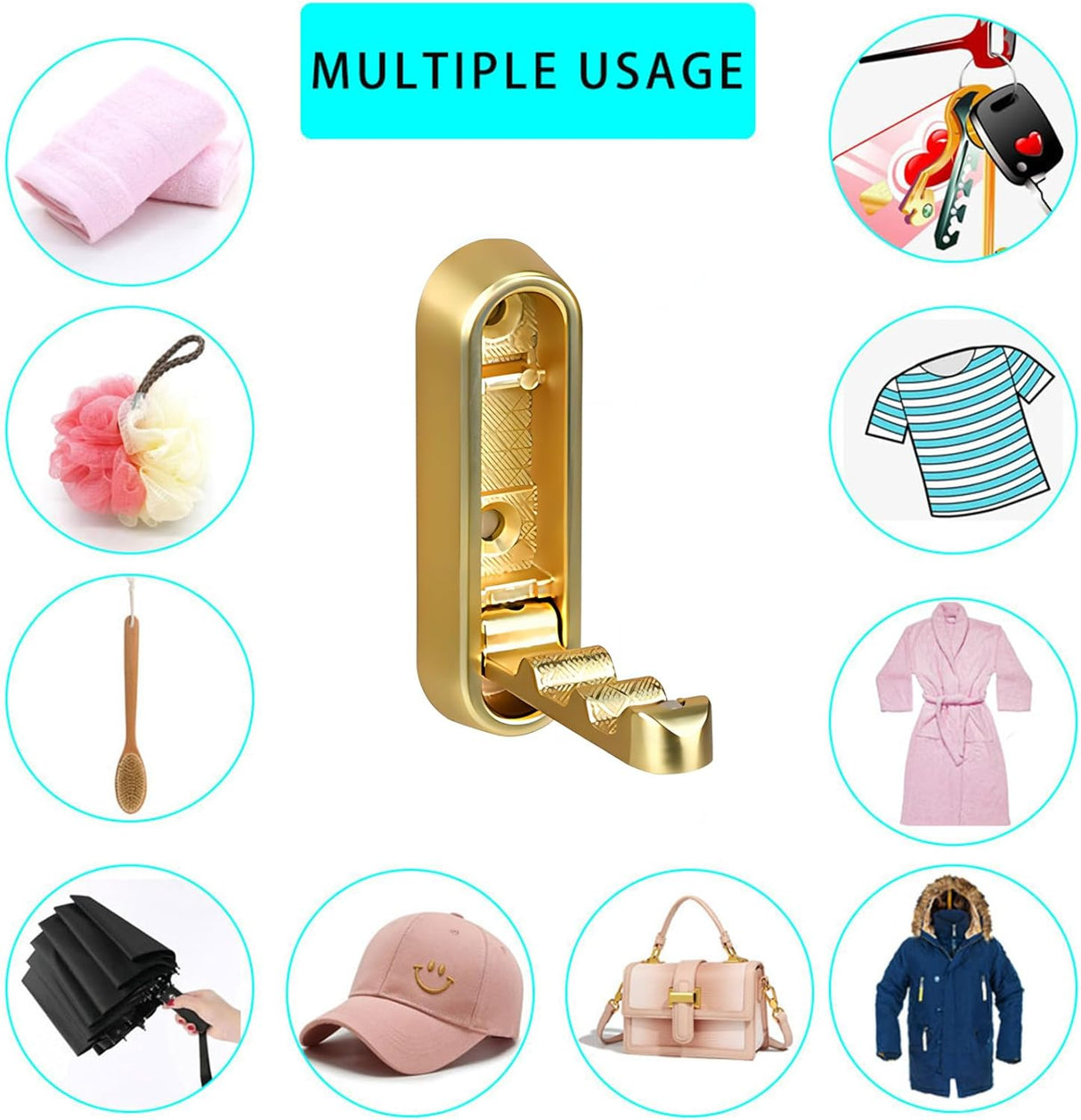 Foldable Towel Hooks for Bathroom 4 Pack,Wall Hooks for Hanging Heavy Duty Coat Robe Purse Foldable Hooks Storage Solution for Bathroom,Closet,Entryway,Pool and Kitchen (4, Brushed Gold)