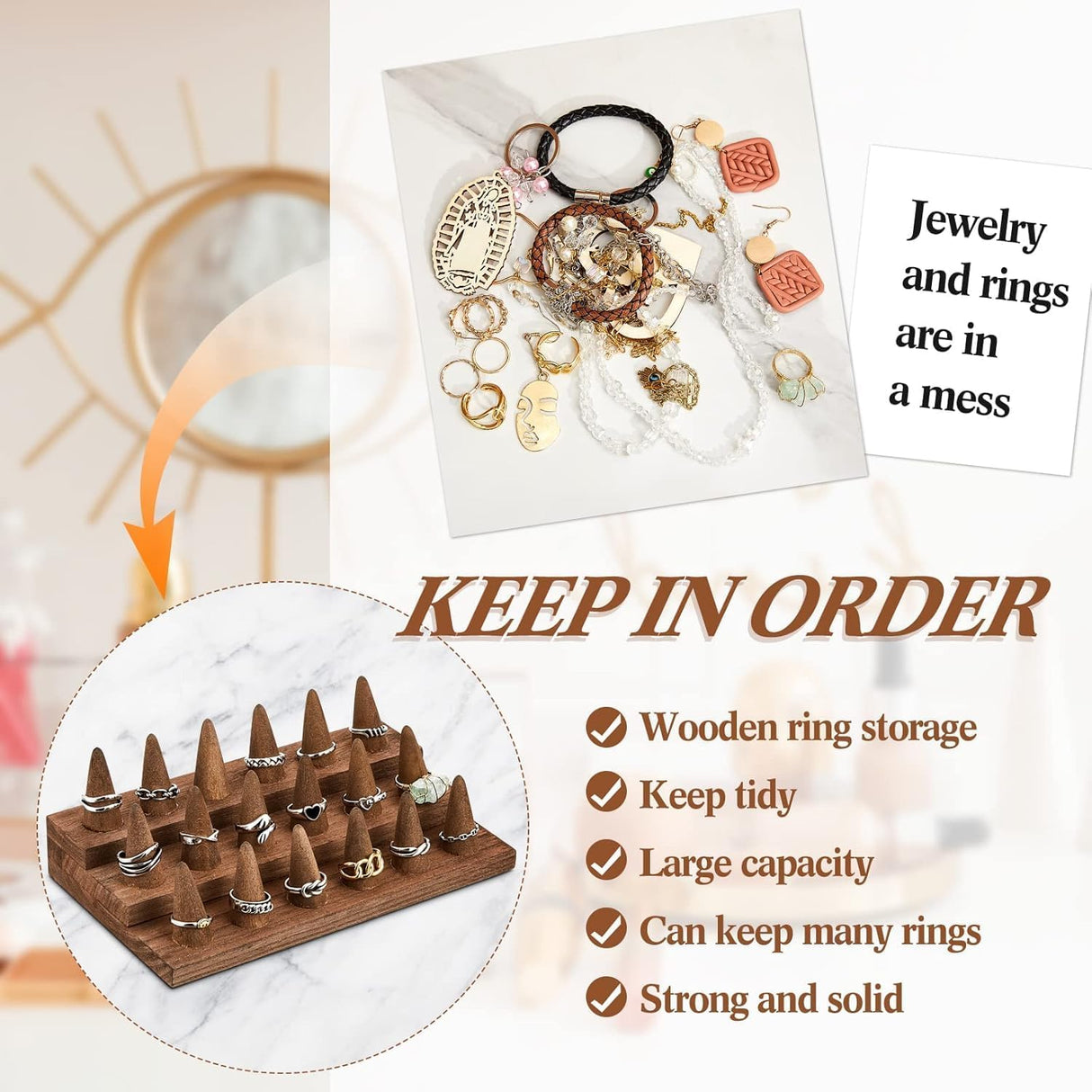 2Pcs Wooden Ring Display Stand, 3 Tier Ring Organizer for 18 Rings Storage Selling, Wood Ring Holder Wooden Ring Organizer, Jewelry Display Holder Showcase for Ring Organizer Jewelry Show Storage