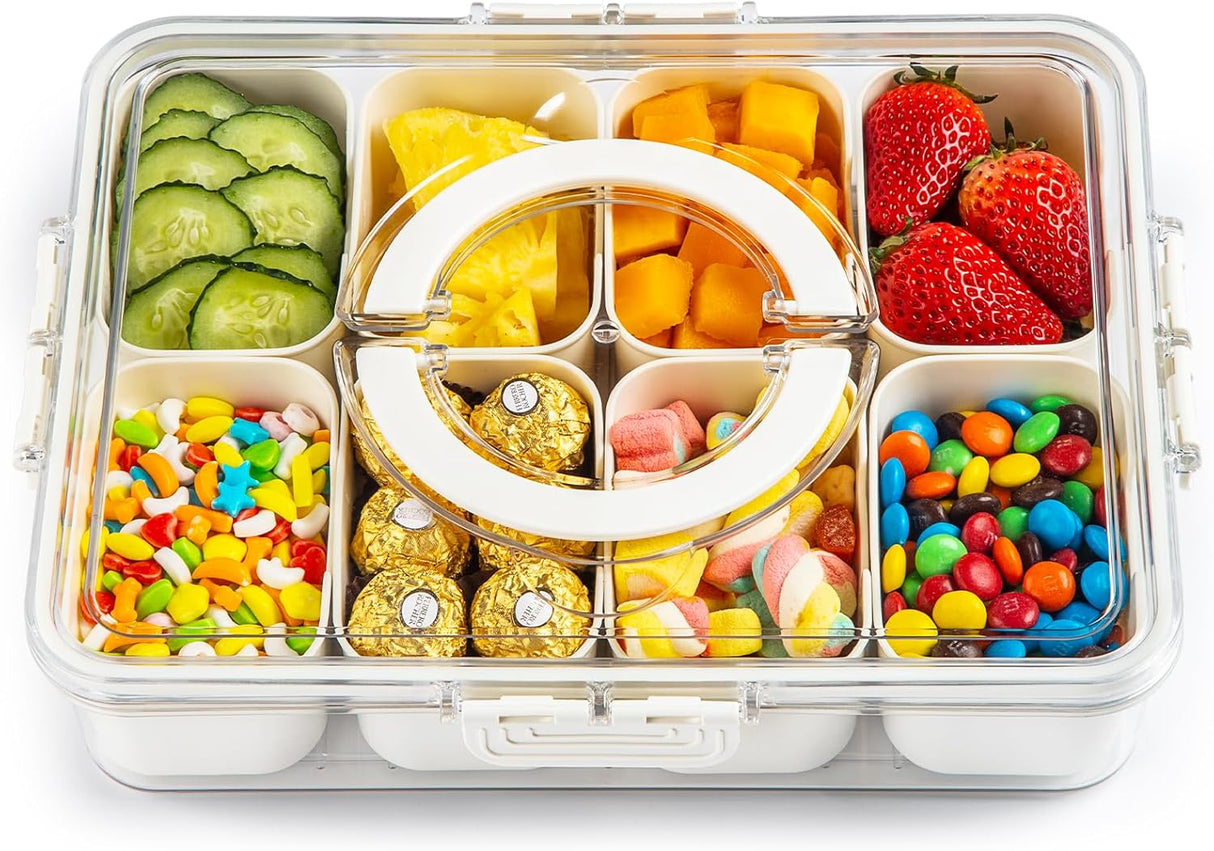 Snackle Box Container,Divided Clear Snack Box Serving Tray with Lid and Handle,8 Compartments Snack Tray,Portable Travel Snack Container,Perfect for Party, Travel, & Picniccnic(1 Pack)