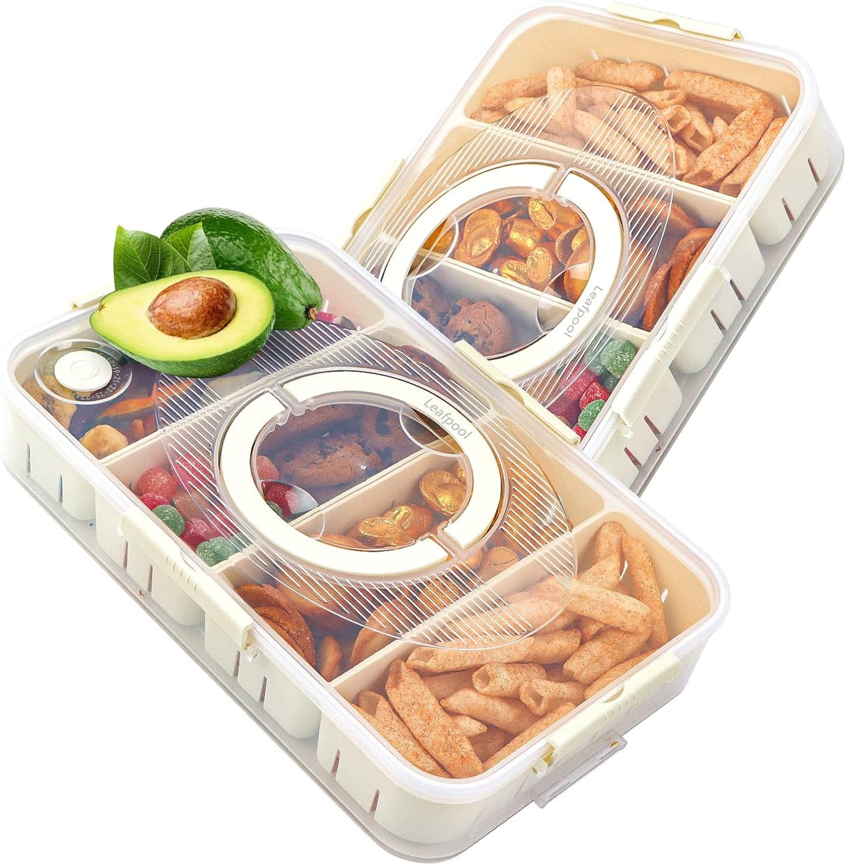 Snack Box Container,Dishwasher Safe Fruit Snack Containers,2 Pack Divided Serving Tray with Lid for Veggie Candy Snackle Charcuterie Plastic Boxes for Travel and Picnic(4 Compartments)