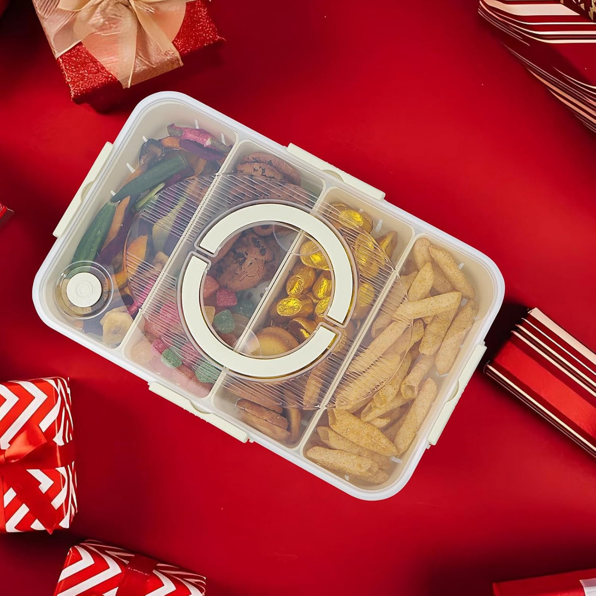 Snack Box Container,Dishwasher Safe Fruit Snack Containers,2 Pack Divided Serving Tray with Lid for Veggie Candy Snackle Charcuterie Plastic Boxes for Travel and Picnic(4 Compartments)
