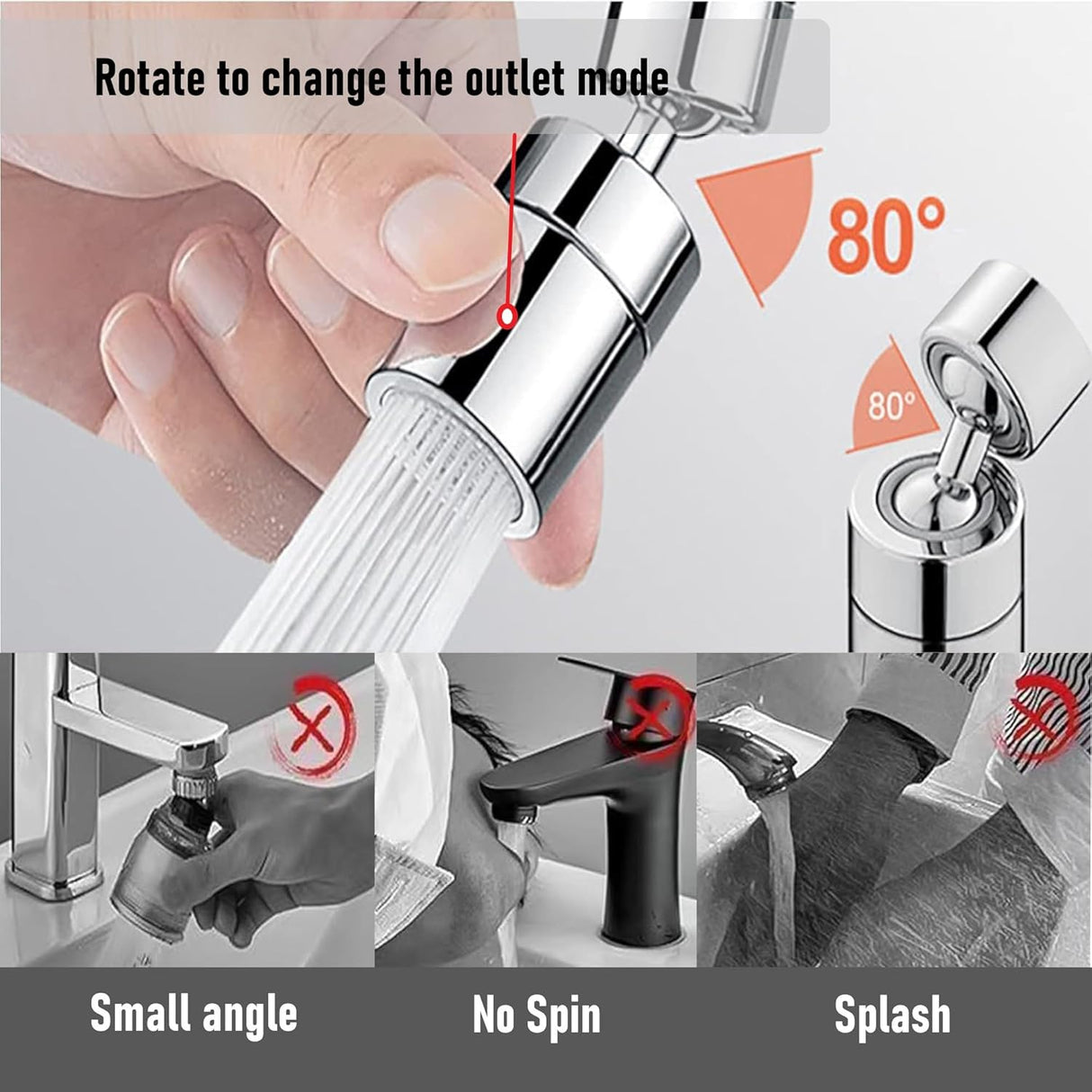 Faucet spray head for kitchen and sink taps - 360° swivel dual-function sprayer - 80-degree swivel tap spout with wide angle - Extended sprayer for taps - Splash-proof spray head for kitchen tap spouts