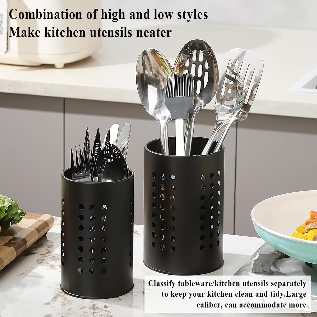 Cutlery holder for crockery, suitable for countertops, 2-pack, stainless steel black kitchen utensil holder, stylish storage box and decorative kitchen utensil pot, perfect gift for a new house or apartment