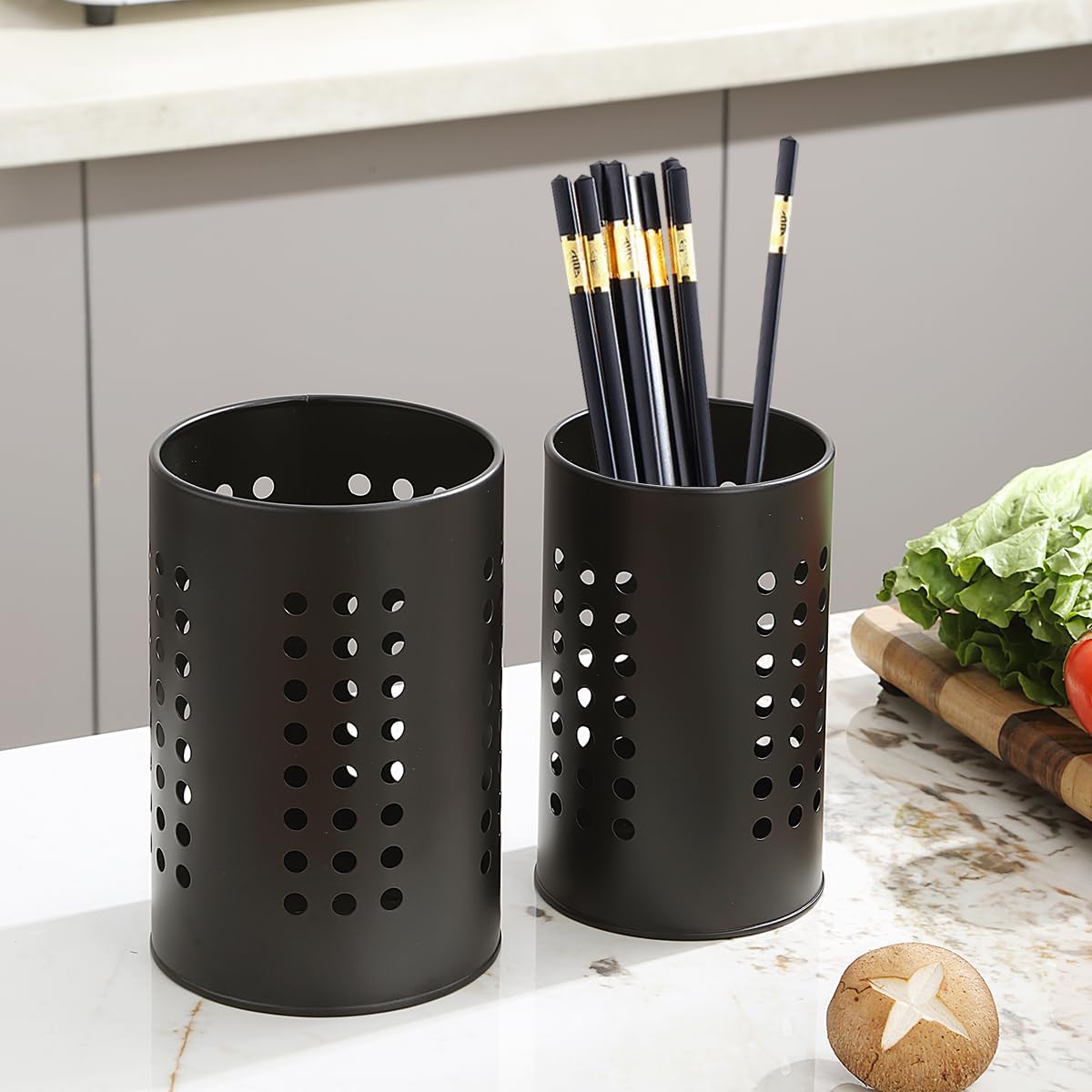 Cutlery holder for crockery, suitable for countertops, 2-pack, stainless steel black kitchen utensil holder, stylish storage box and decorative kitchen utensil pot, perfect gift for a new house or apartment