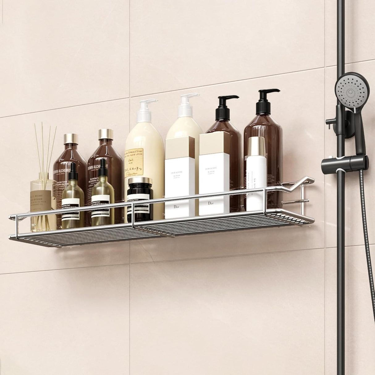 Storage rack for the bathroom, shower and kitchen - uses traceable transparent glue - no drilling required - stainless steel SUS304 - 15.75 inches - silver