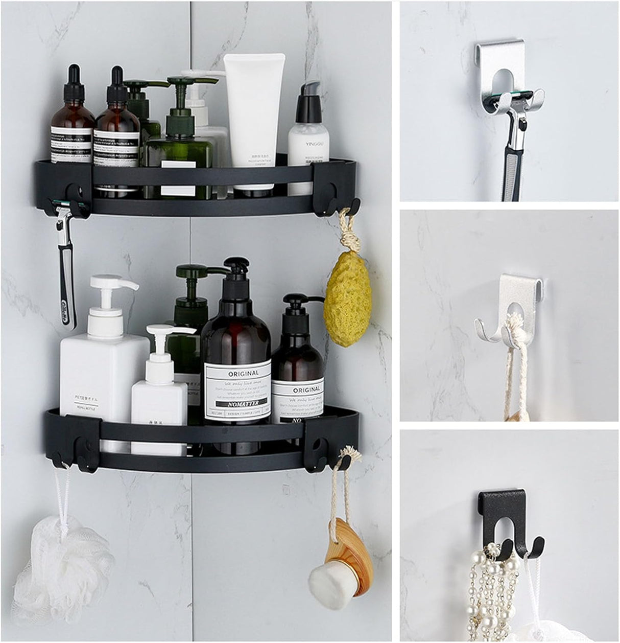 Suction hooks without drilling for hanging bath sponges, towels and razor holders for the bathroom, office, kitchen utensil holder, bathroom, kitchen knives - 4-pack - black.