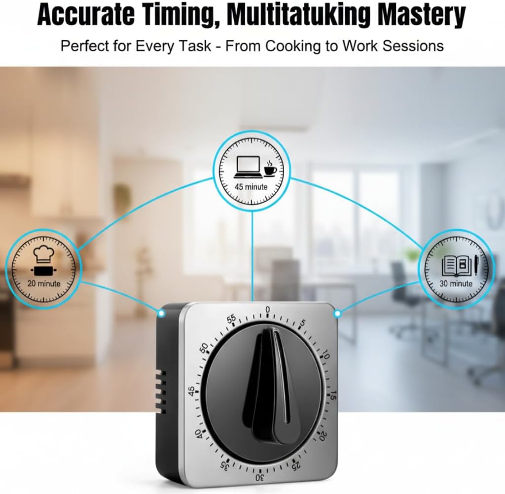 Kitchen Timer - Mechanical Egg Timer - Battery-Free - 100% Mechanical Kitchen Clock - Stainless Steel Housing - Kitchen Clock - Stopwatch - Countdown Reminder - Magnetic Kitchen Clock - Egg Timer (grey)