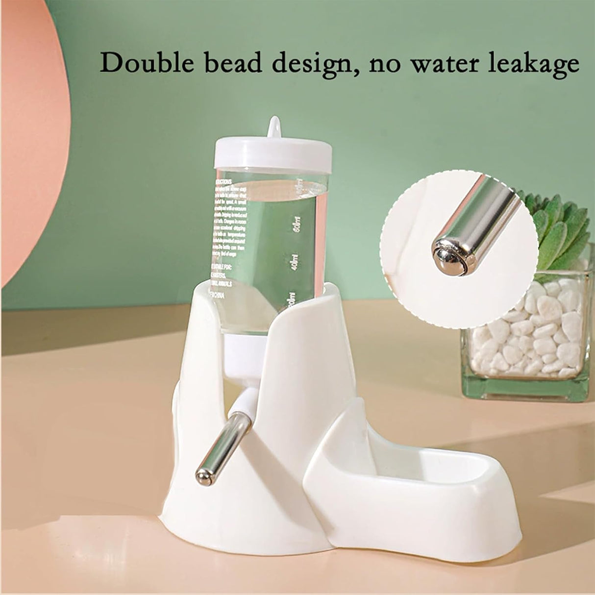 White hamster water bottle with standard, food bowl base, automatic water dispenser, suitable for dwarf hamsters, gerbils and other small animals.