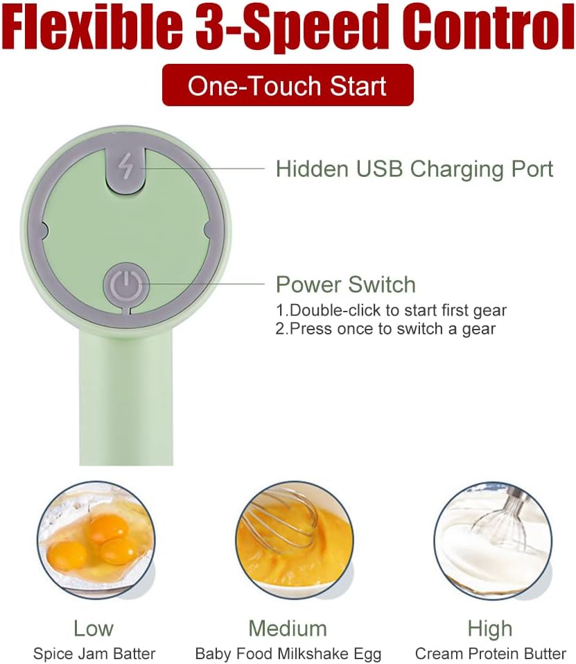 Handheld cordless electric blender - comes with 3 accessories - portable multi-functional food blender - can be used to blend eggs, whip cream, and chop garlic.