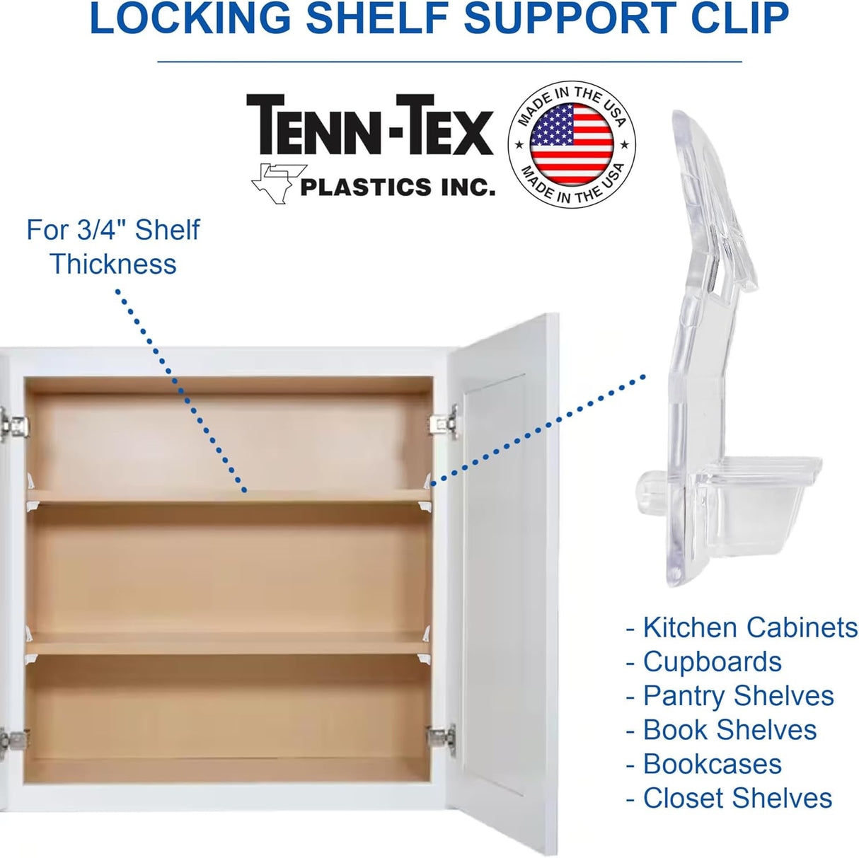 Self-Locking Shelf Support Clips, Made in The USA - for 3/4" Thick Shelves, 5mm Dowel Peg - for Kitchen Cabinet, Cupboard, Pantry, Closest, Book Shelves - Clear Plastic Clip (8, Clear)