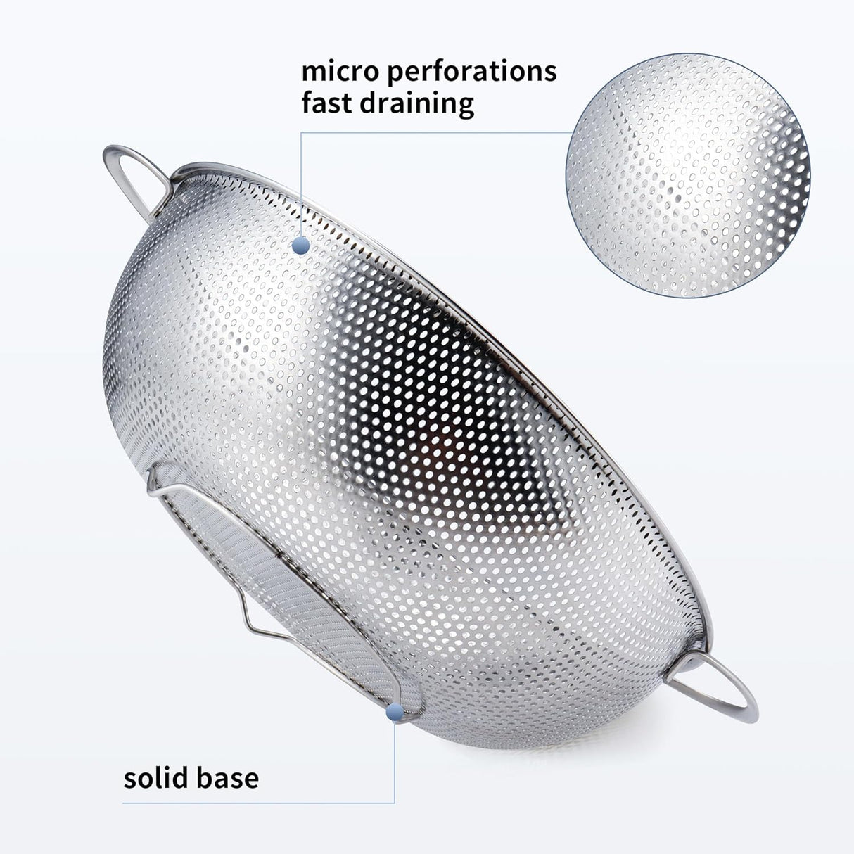Colander Stainless Steel 3-Quart, Metal Strainer with Base, Strainer for Kitchen Food, Dishwasher Safe
