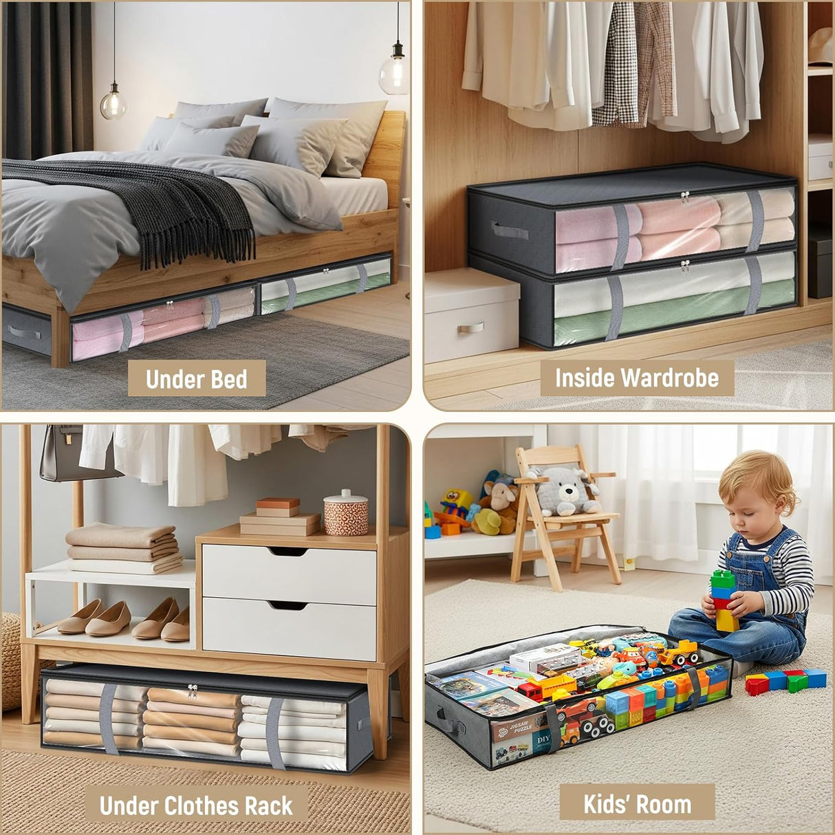 LANDNEOO 4 Pack 90L Under Bed Storage Containers - Underbed Storage for Clothes, Blankets - Closet Organizers and Storage Bags - Under the Bed Storage Bins with Handles & Clear Front