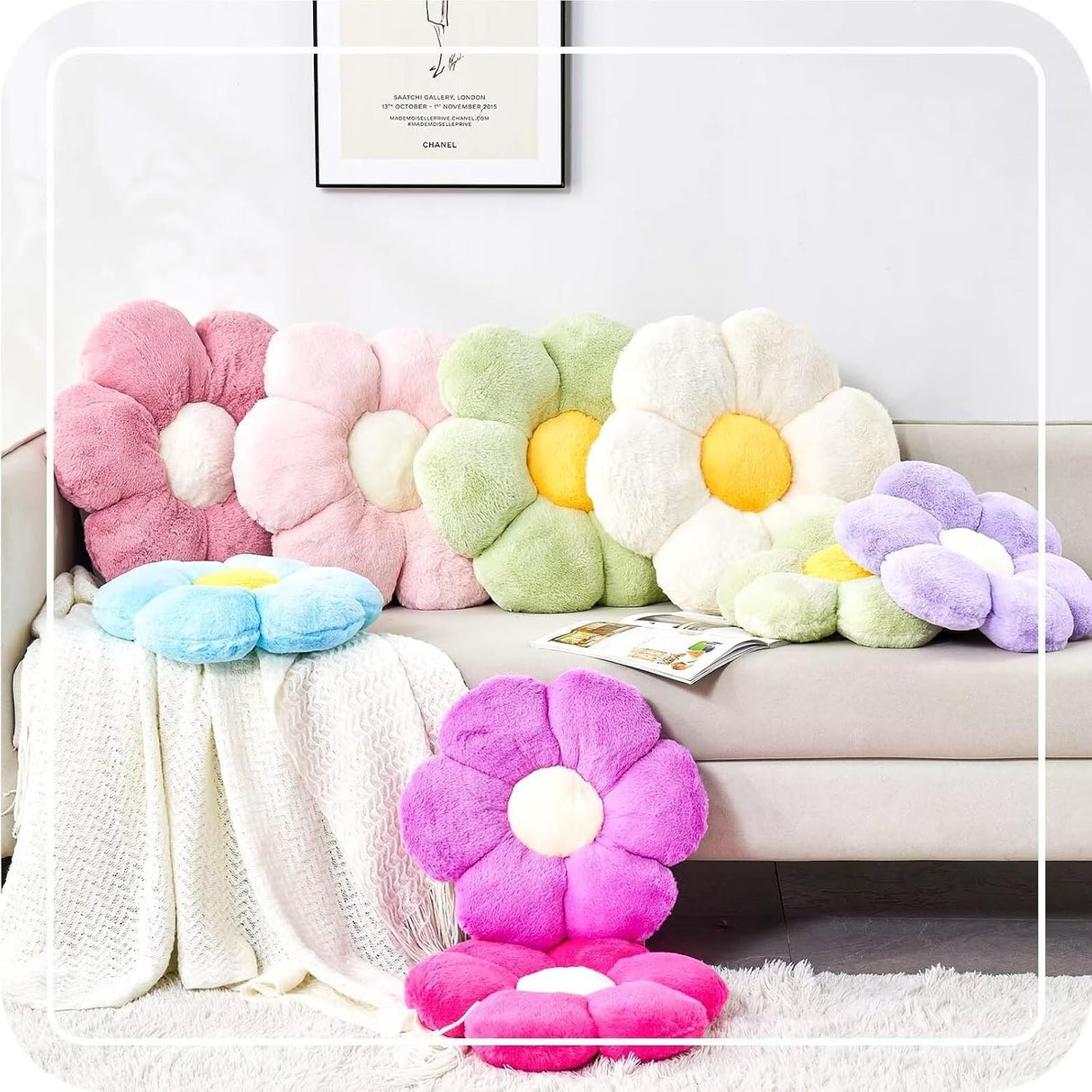 Pink Flower Pillow, Cute Decorative Flower Shaped Throw Pillow with Faux Rabbit Fur, 14.9" Soft Flower Plush Throw Pillow Floor Pillows Room Décor for Bedroom Living Room