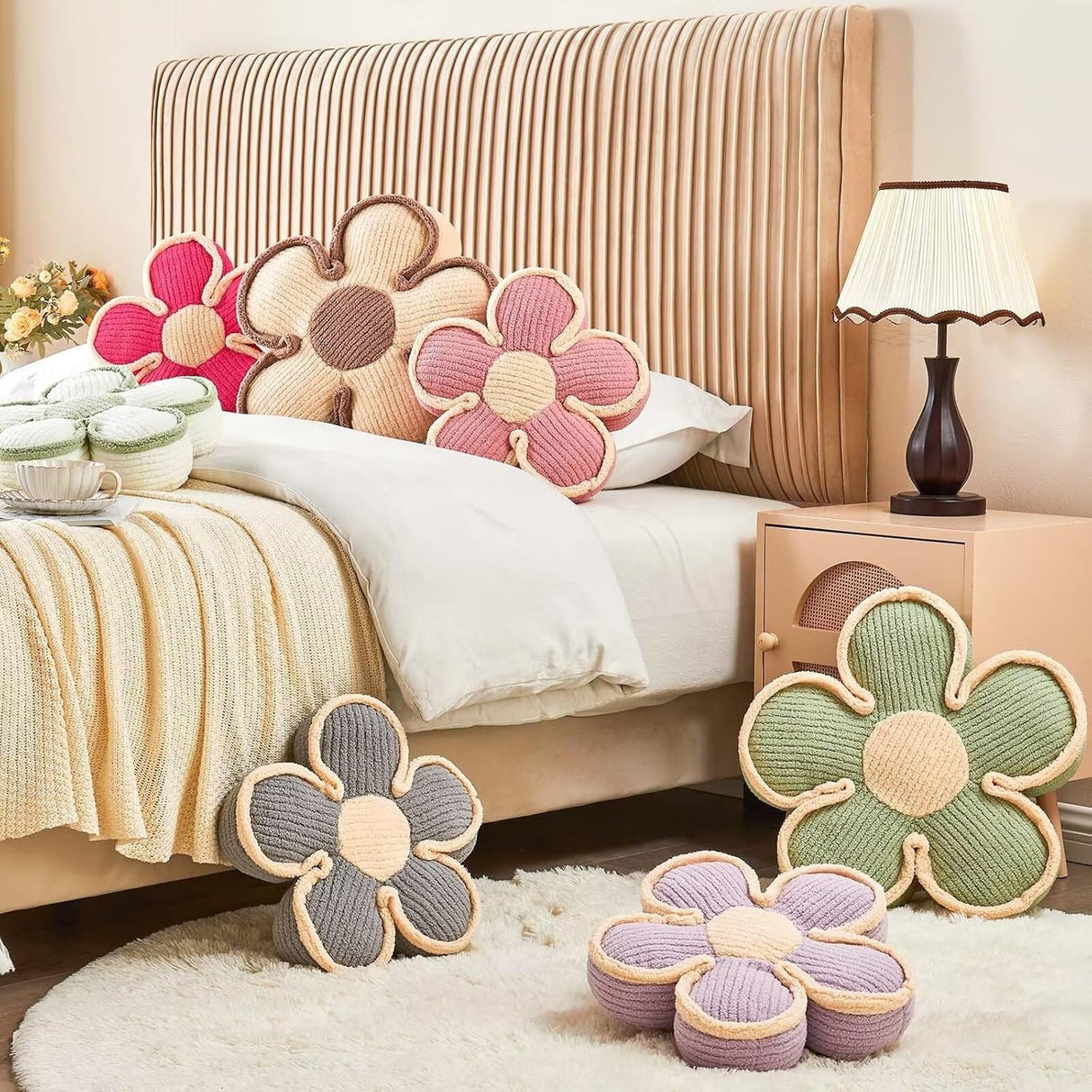 Soft Flower Shaped Floor Cushion, Plush Decorative Throw Pillow, Cute Seating Cushion, Room Decor Plush Pillows for Sofa Couch Bed (13.7 Inch, White)