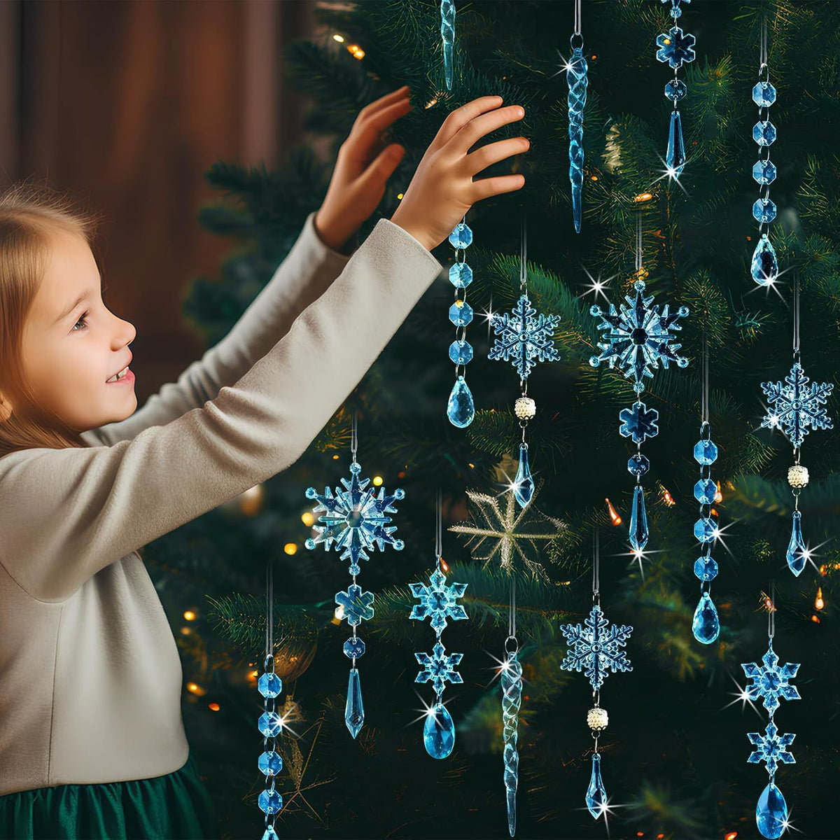 Christmas Crystal Snowflake Ornament 18-Piece Set - Hanging Acrylic Ice Snowflake Decorations for Christmas Tree - with Ribbon - Blue