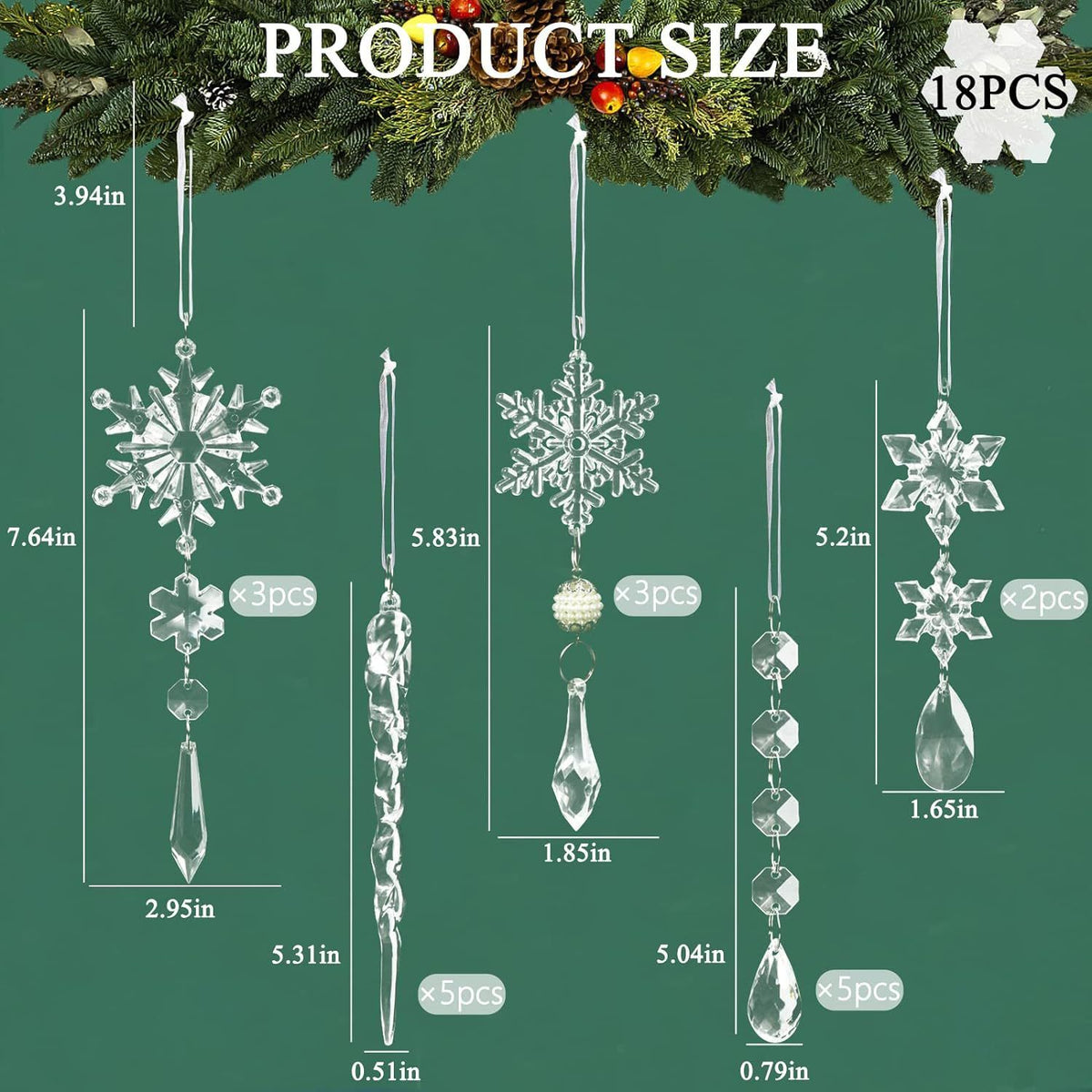 Christmas Crystal Snowflake Ornament 18-Piece Set - Hanging Acrylic Ice Snowflake Decorations for Christmas Tree - with Ribbon - Champagne