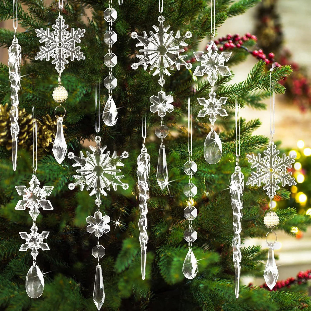 Christmas Crystal Snowflake Ornament 18-Piece Set - Hanging Acrylic Ice Snowflake Decorations for Christmas Tree - with Ribbon - Clear