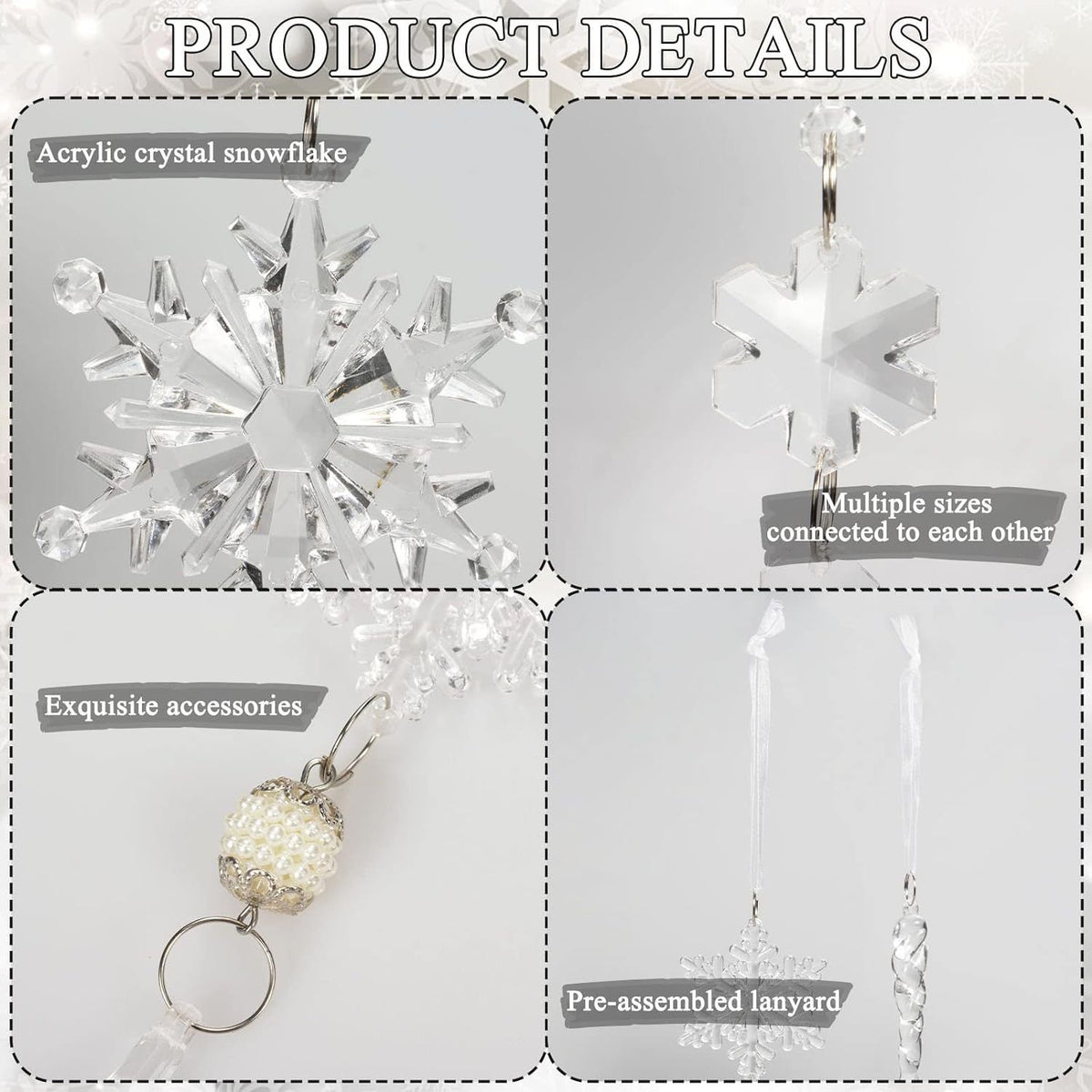 Christmas Crystal Snowflake Ornament 18-Piece Set - Hanging Acrylic Ice Snowflake Decorations for Christmas Tree - with Ribbon - Clear