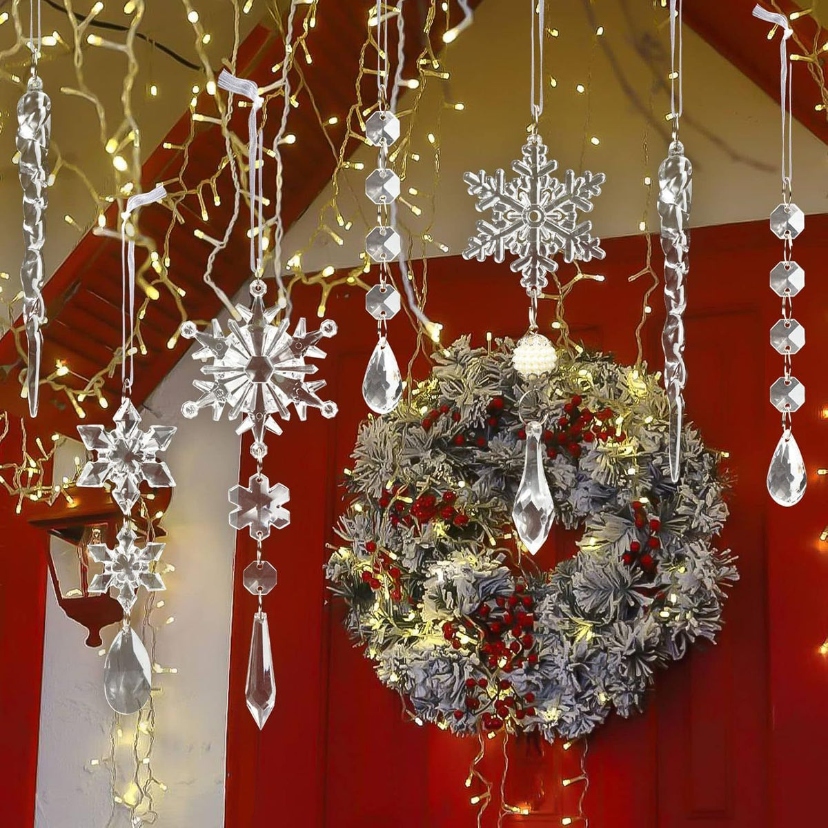 Christmas Crystal Snowflake Ornament 18-Piece Set - Hanging Acrylic Ice Snowflake Decorations for Christmas Tree - with Ribbon - Clear