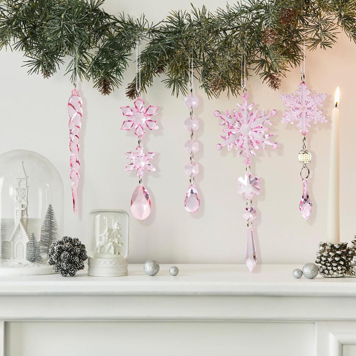 Christmas Crystal Snowflake Ornament 18-Piece Set - Hanging Acrylic Ice Snowflake Decorations for Christmas Tree - with Ribbon - Pink