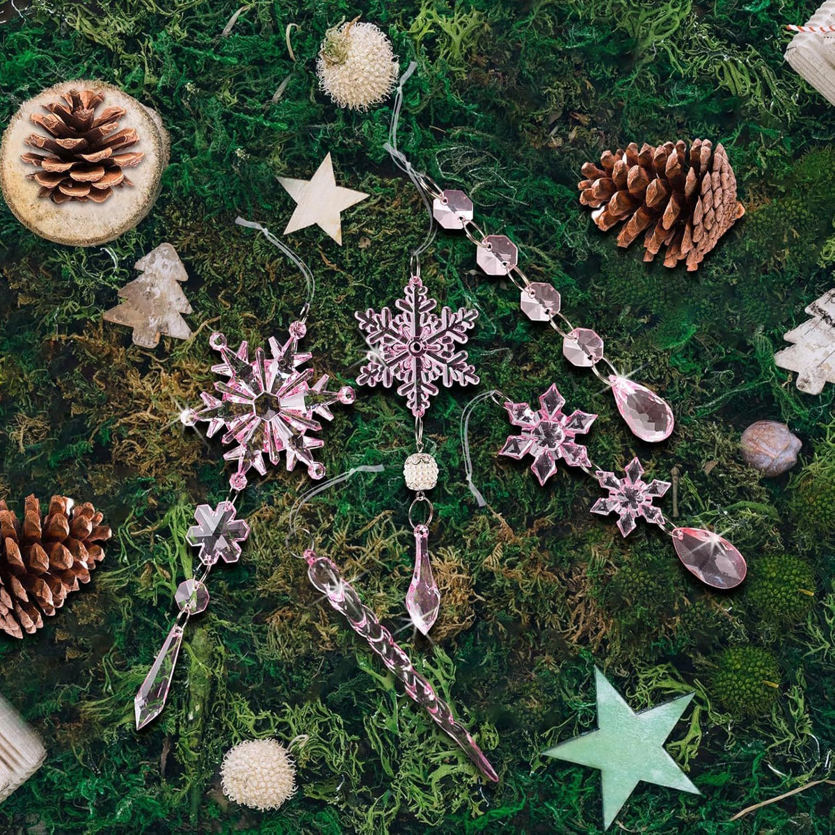 Christmas Crystal Snowflake Ornament 18-Piece Set - Hanging Acrylic Ice Snowflake Decorations for Christmas Tree - with Ribbon - Pink