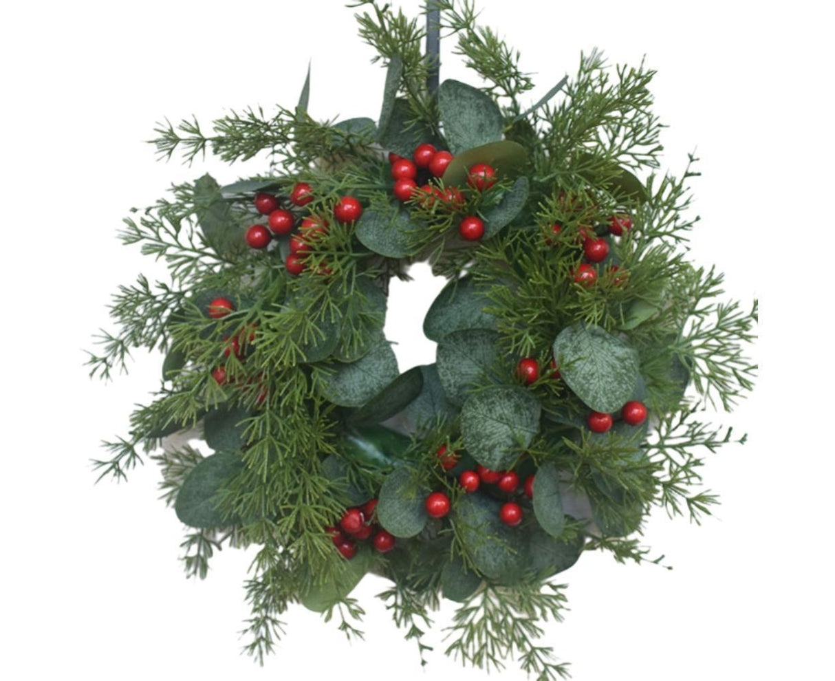 Artificial Christmas Wreath for Front Door Xmas Red Berry Wreath with Pine Needles Cones Winter Eucalyptus Wreath Christmas Decorations - 30CM