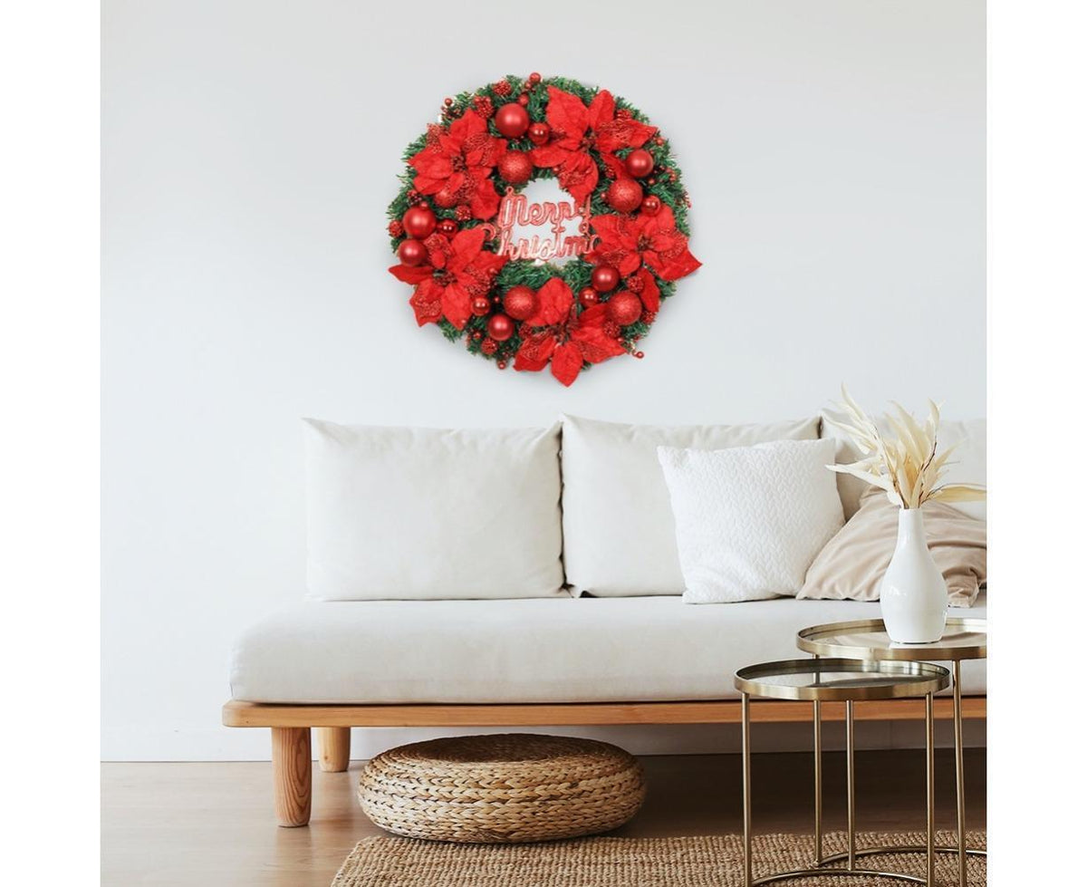 Christmas Ball Wreath Artificial Christmas Wreath Garland Decoration Home Party Decor Xmas Front Door Decorative Hanging - red - 30cm