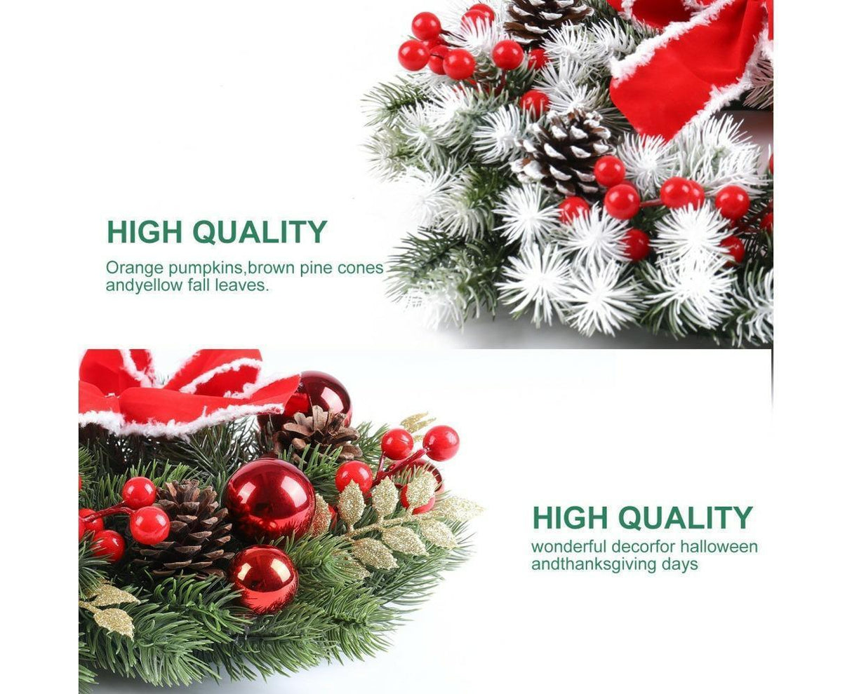 Christmas Decoration Wreath for Front Door, Wall Hanging Snowball Red Berry Pine Cone Garland Ornament for Xmas Party Indoors - 33cm