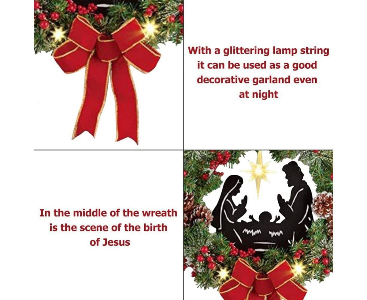 Christmas Wreath Christmas Ornament Decoration Holy Family Set Led Lights Candle Front Door Wall Christmas Hanging Sign Sacred - Red - 35*35*4cm