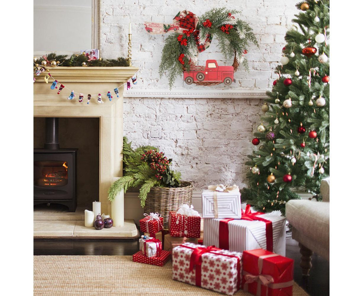 Christmas Wreath Front Door Wreath Decoration Red Truck Wreath Fall Farmhouse Wreath Indoor Outdoor, Artificial Wreath Welcome Wreath Retro Plaid Bow-Knot