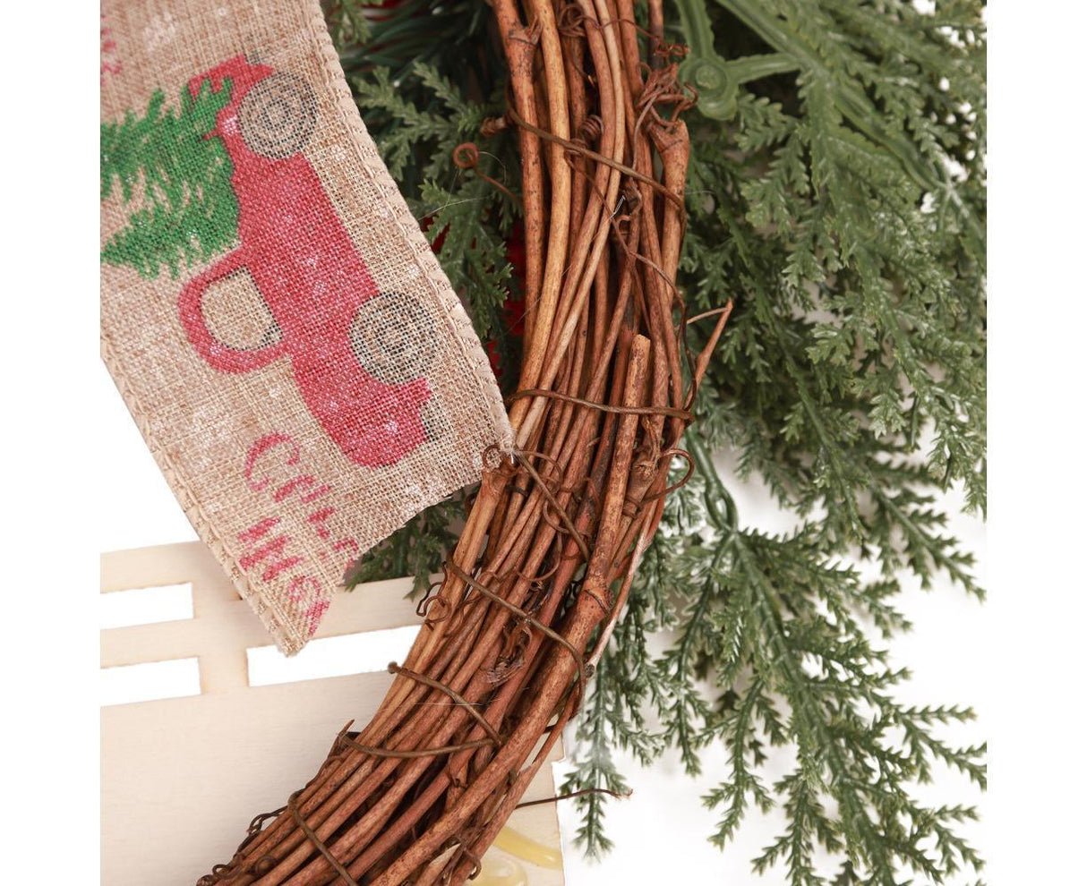 Christmas Wreath Front Door Wreath Decoration Red Truck Wreath Fall Farmhouse Wreath Indoor Outdoor, Artificial Wreath Welcome Wreath Retro Plaid Bow-Knot