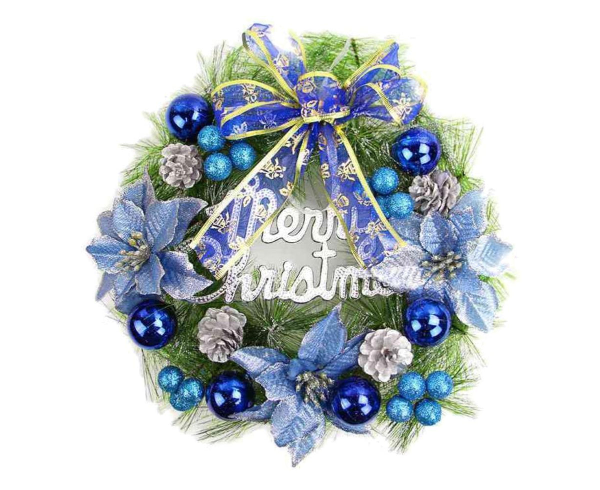 Christmas Wreath Merry Christmas Front Door Ornament Wall Artificial Pine Garland for Party Decor - blue - 30cm