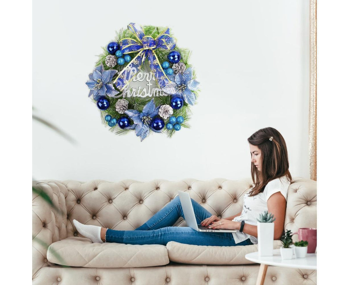 Christmas Wreath Merry Christmas Front Door Ornament Wall Artificial Pine Garland for Party Decor - blue - 30cm