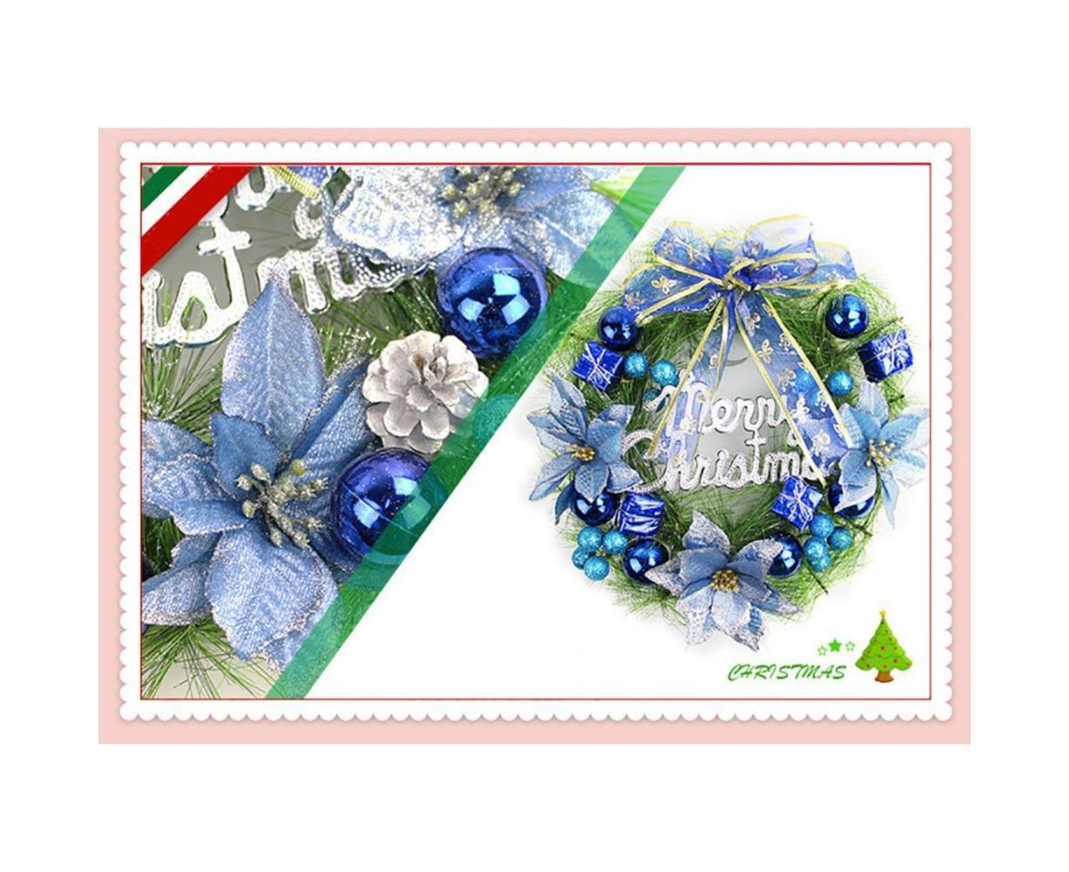 Christmas Wreath Merry Christmas Front Door Ornament Wall Artificial Pine Garland for Party Decor - blue - 30cm