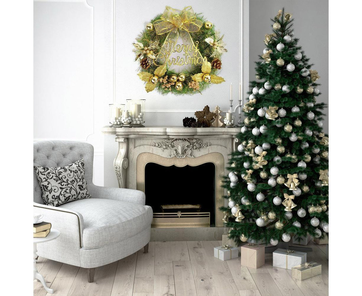 Christmas Wreath Merry Christmas Front Door Ornament Wall Artificial Pine Garland for Party Decor - gold - 30cm