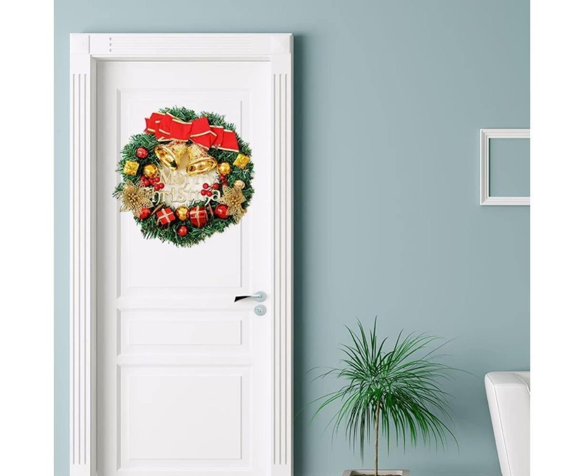 Christmas Wreath Merry Christmas Front Door Ornament Wall Artificial Pine Garland for Party Decor - red - 30cm