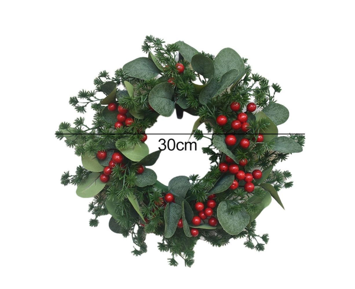 Christmas Wreath Winter Wreath with Red Jingle Bells and Berries Door Wreath with Artificial Snow Christmas Decorations with Pine Branches - 30CM