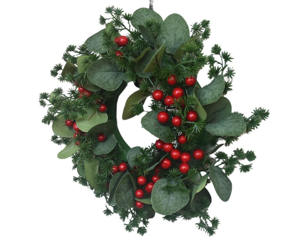 Christmas Wreath Winter Wreath with Red Jingle Bells and Berries Door Wreath with Artificial Snow Christmas Decorations with Pine Branches - 30CM
