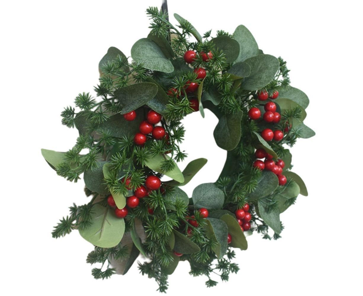 Christmas Wreath Winter Wreath with Red Jingle Bells and Berries Door Wreath with Artificial Snow Christmas Decorations with Pine Branches - 30CM