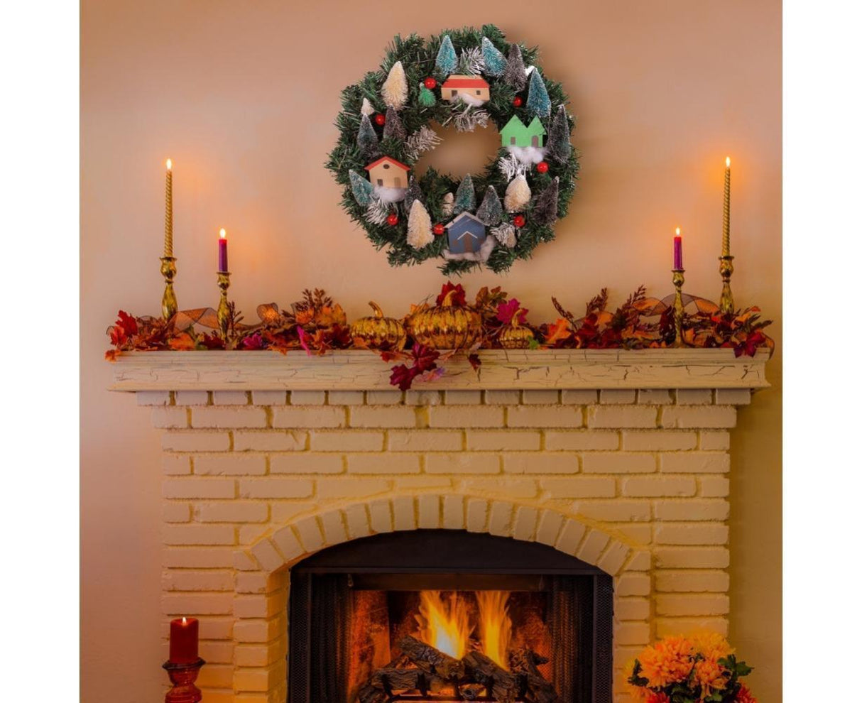 Christmas Wreath, Green, Crestwood Spruce, White Lights, Decorated with Pine Cones, Berry Clusters, Frosted Branches, Christmas Collection - 35CM